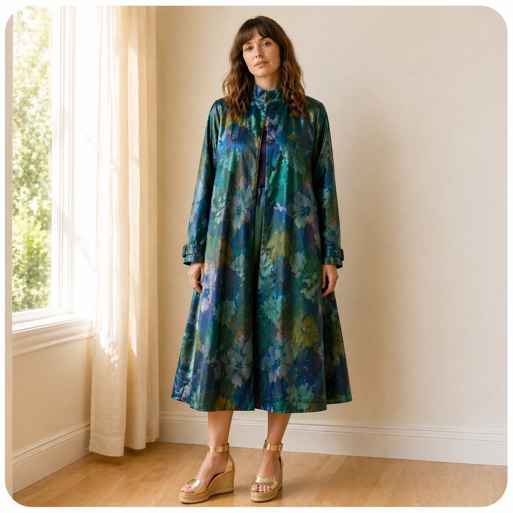Vintage Style Iridescent Floral Swing Coat Green Teal Watercolor‎ Velvet Collar